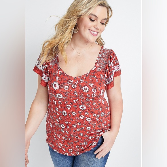 Brick Red Floral Maurice’s Top - Picture 1 of 11